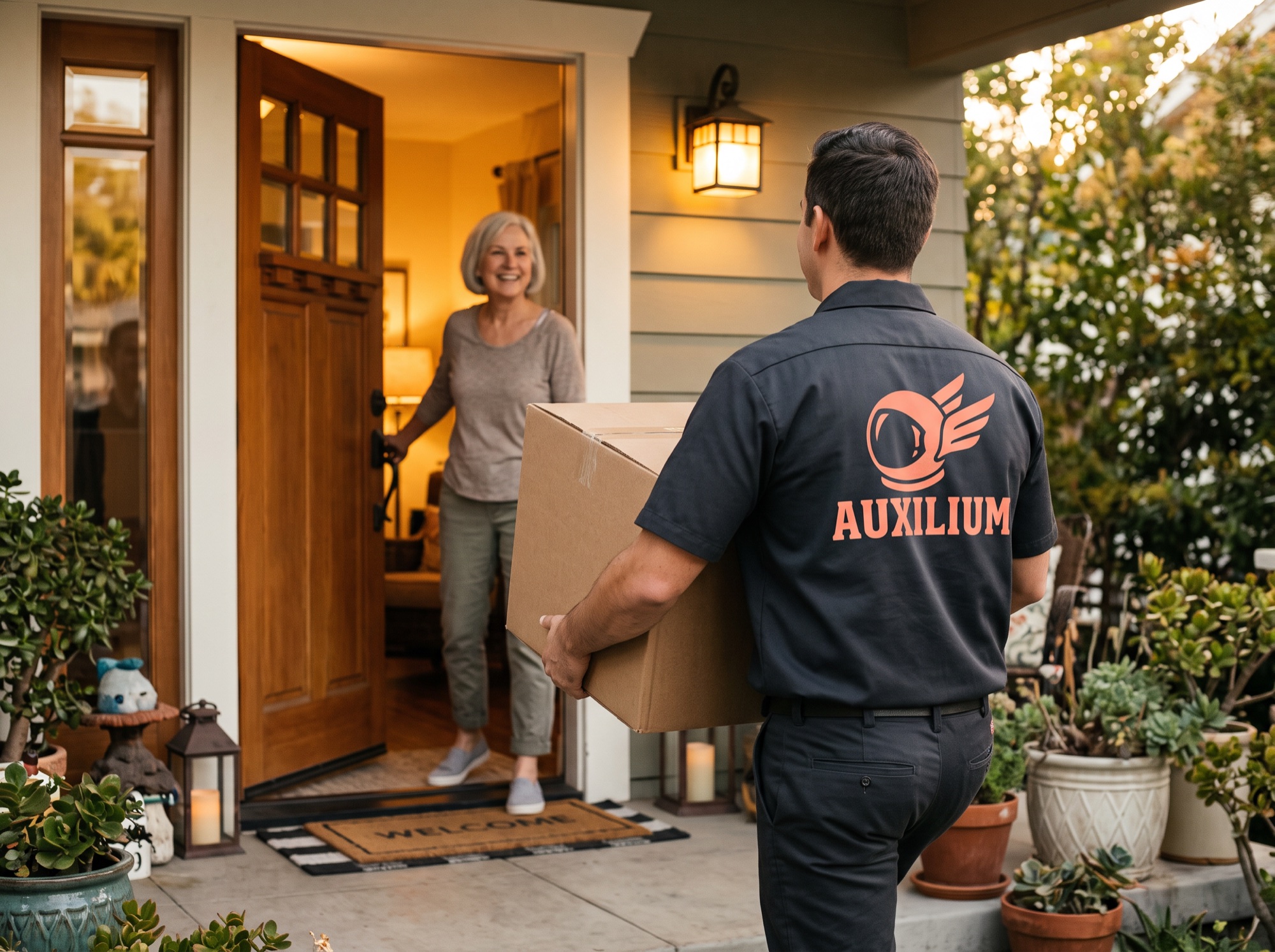 A crew member carrying a box through a front door while the resident holds it open