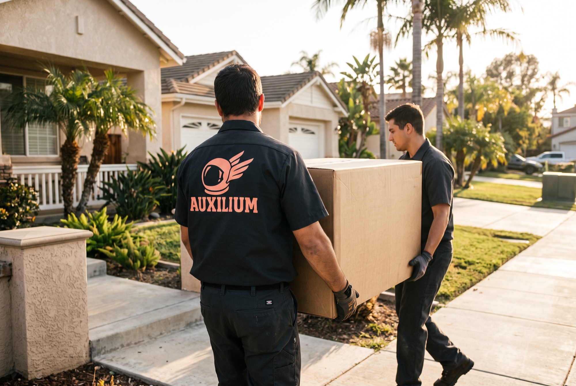 Two Auxilium helpers carrying a box into a home